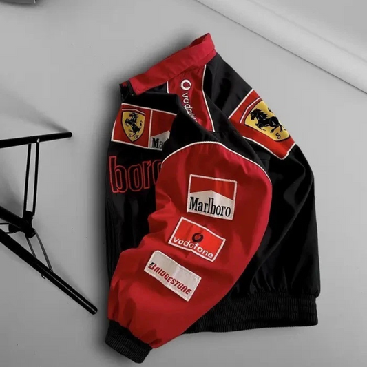Vintage-style Marlboro racing jacket with quilted padding and nostalgic Formula One motorsport branding.