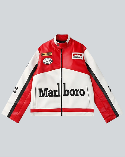 Retro Marlboro leather jacket with premium craftsmanship, embroidered logo, and fitted silhouette for car fans.