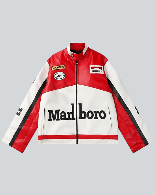 Retro Marlboro leather jacket with premium craftsmanship, embroidered logo, and fitted silhouette for car fans.