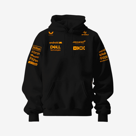 Vintage-inspired McLaren F1 Team hoodie in premium fabric, featuring classic motorsport design, comfortable fit, and all-season wear styling