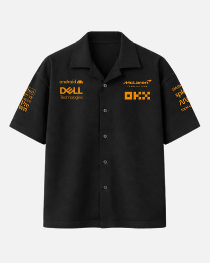 Black McLaren Formula One oversized unisex Cuban collar shirt made from premium 250 GSM imported cotton fabric in luxury streetwear box fit style by BombyyClothing
