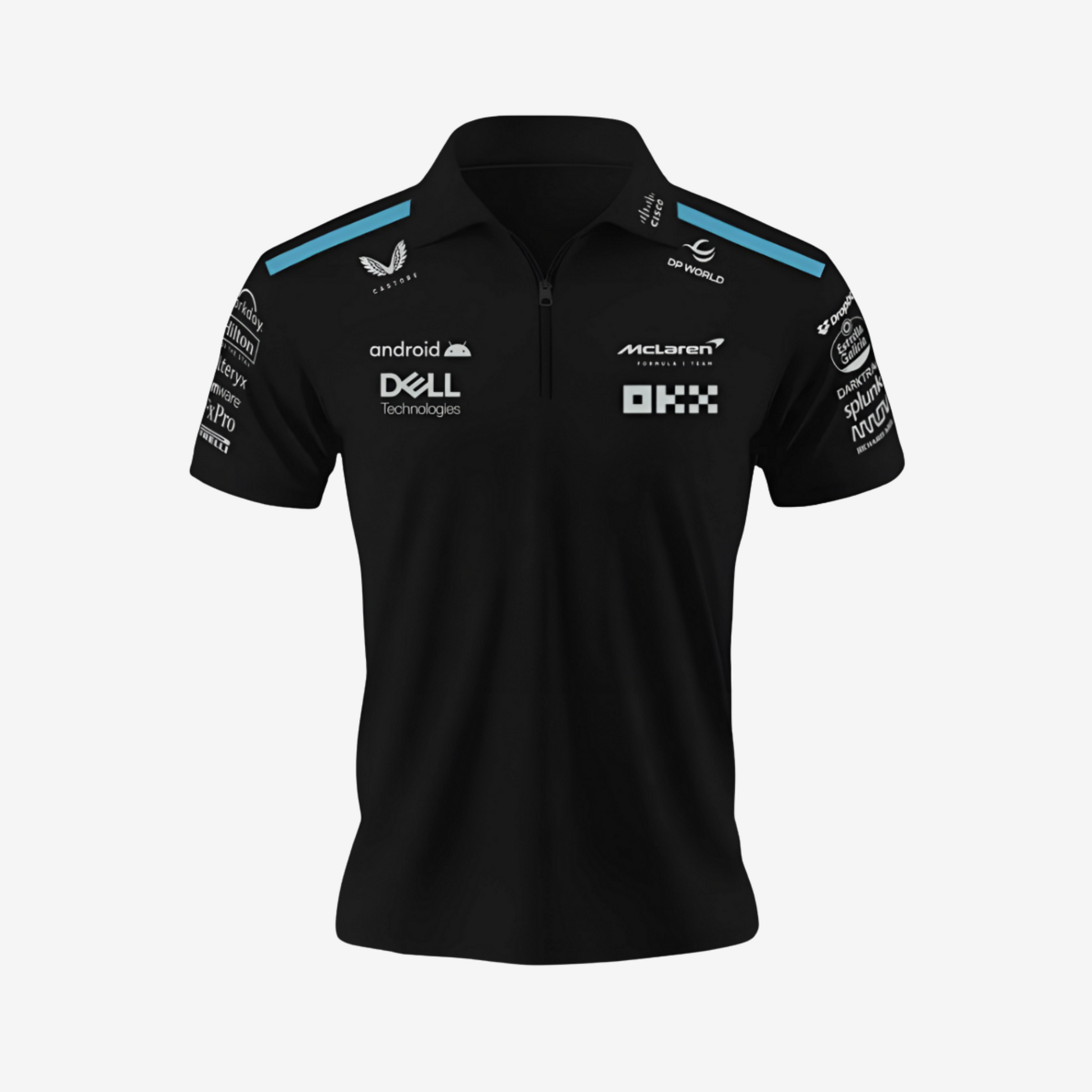 "Black McLaren racing polo t-shirt with embroidered logo, premium cotton motorsport fanwear"