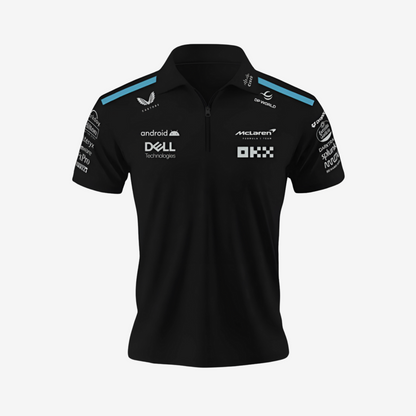 "Black McLaren racing polo t-shirt with embroidered logo, premium cotton motorsport fanwear"