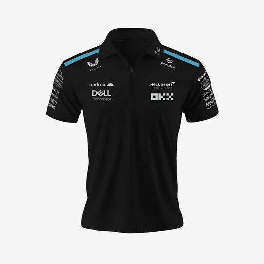 "Black McLaren racing polo t-shirt with embroidered logo, premium cotton motorsport fanwear"
