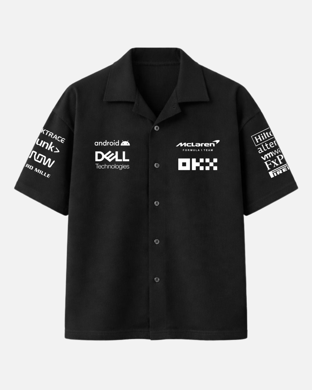 Black McLaren Racing oversized unisex Cuban collar shirt made with premium 250 GSM imported cotton fabric in luxury Formula One inspired streetwear style by BombyyClothing