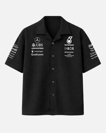 Black Mercedes AMG Petronas oversized unisex streetwear shirt with Cuban collar made from premium 250 GSM imported cotton fabric by BombyyClothing