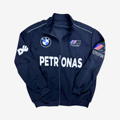 Petronas Mercedes F1 inspired bomber jacket for racing enthusiasts, ideal for biking and streetwear style.