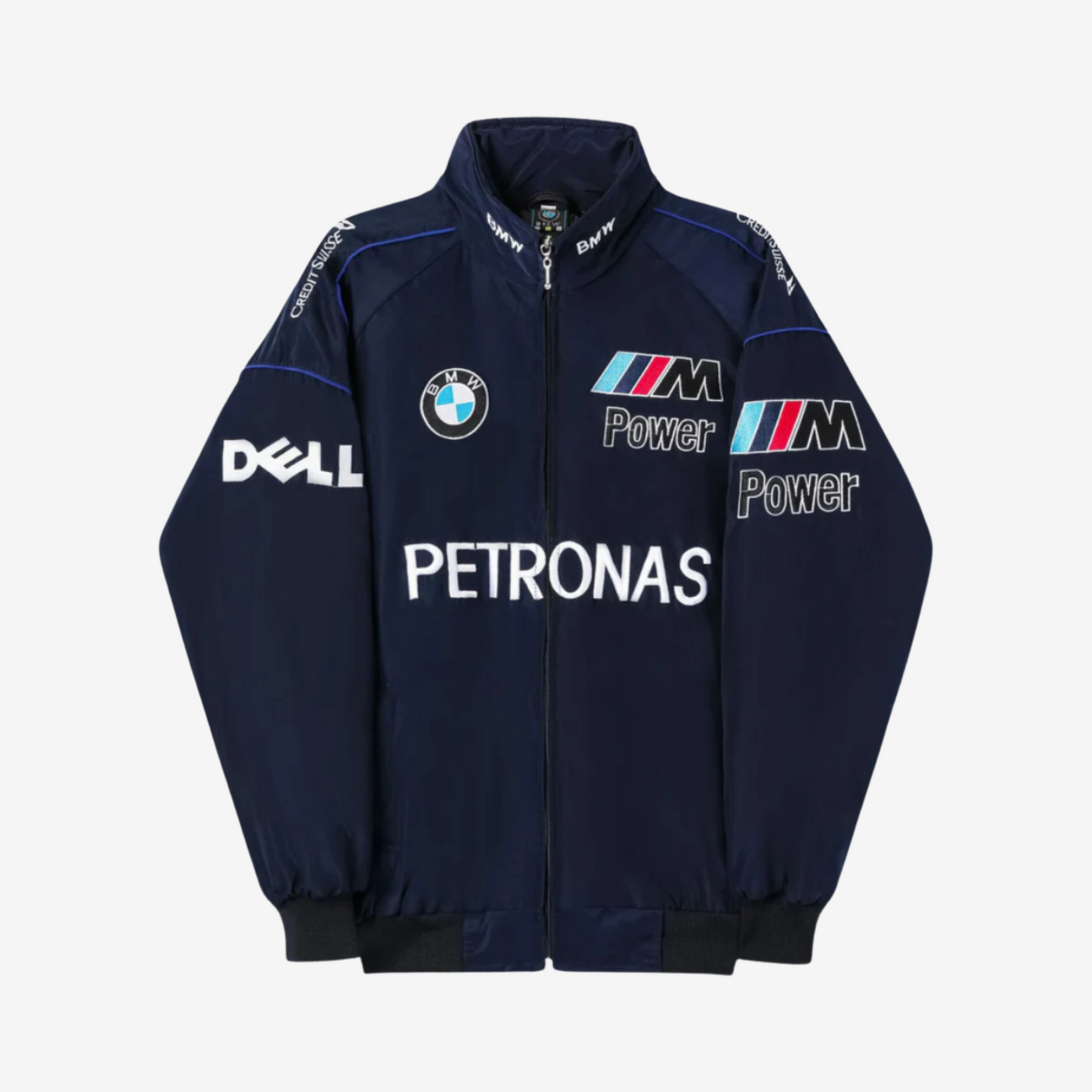 Mercedes AMG Petronas embroidered puffer jacket with quilted padding and bold teal accents for racing fans.