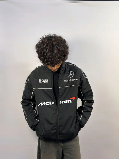 Mercedes McLaren F1 vintage parachute puffer jacket with racing-inspired design and lightweight insulated fabric