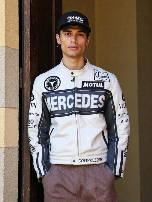 Black Mercedes AMG puffer jacket with embroidered logo, premium quilted design, and motorsport-inspired style.

Mercedes F1 team jacket featuring stitched branding, lightweight parachute fabric, and sleek racing design.