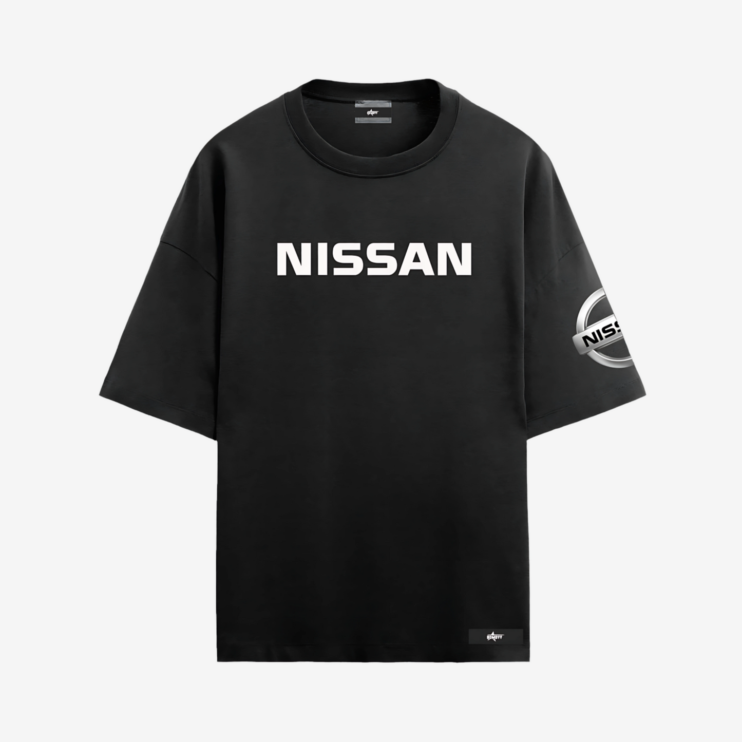 Nissan black oversized tee featuring comfortable cotton fabric, bold printed branding, and casual racing-inspired style.