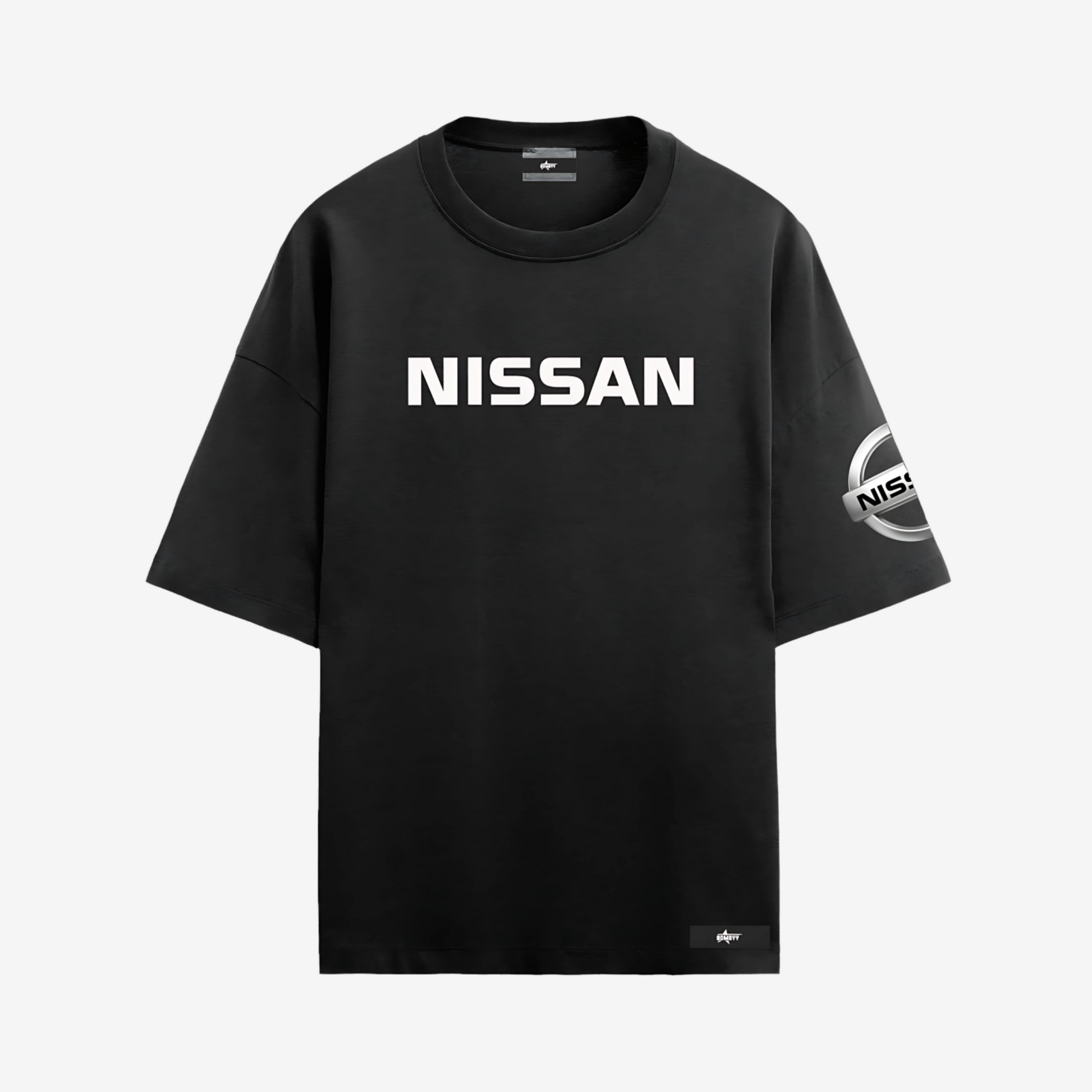 Nissan black oversized tee featuring comfortable cotton fabric, bold printed branding, and casual racing-inspired style.