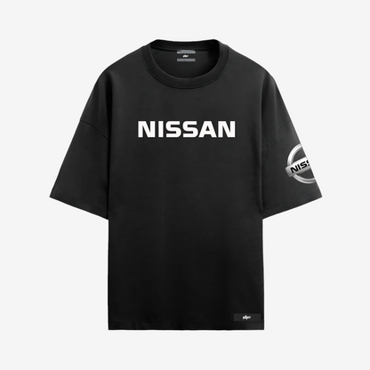 Nissan black oversized tee featuring comfortable cotton fabric, bold printed branding, and casual racing-inspired style.