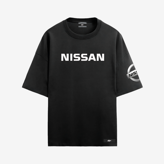Nissan black oversized tee featuring comfortable cotton fabric, bold printed branding, and casual racing-inspired style.