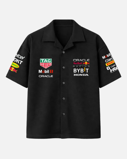 Black Oracle Red Bull Racing oversized unisex Cuban collar shirt made from premium 250 GSM imported cotton fabric in luxury Formula One streetwear style by BombyyClothing