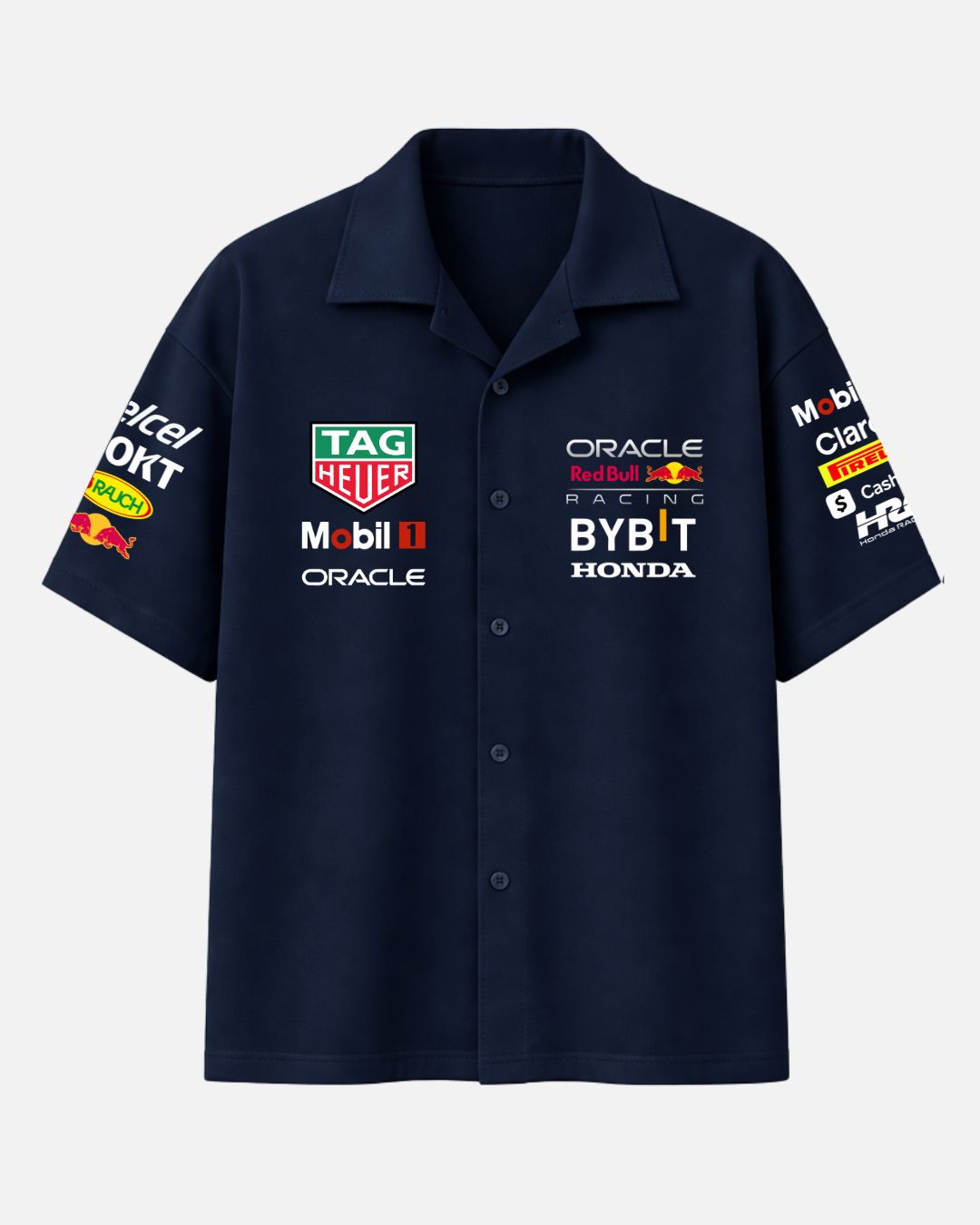 Navy blue Oracle Red Bull Racing oversized unisex Cuban collar shirt made with premium 250 GSM imported cotton fabric in luxury Formula One streetwear style by BombyyClothing