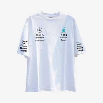 Black Petronas AMG oversized t-shirt with bold printed logo and motorsport-inspired streetwear design.