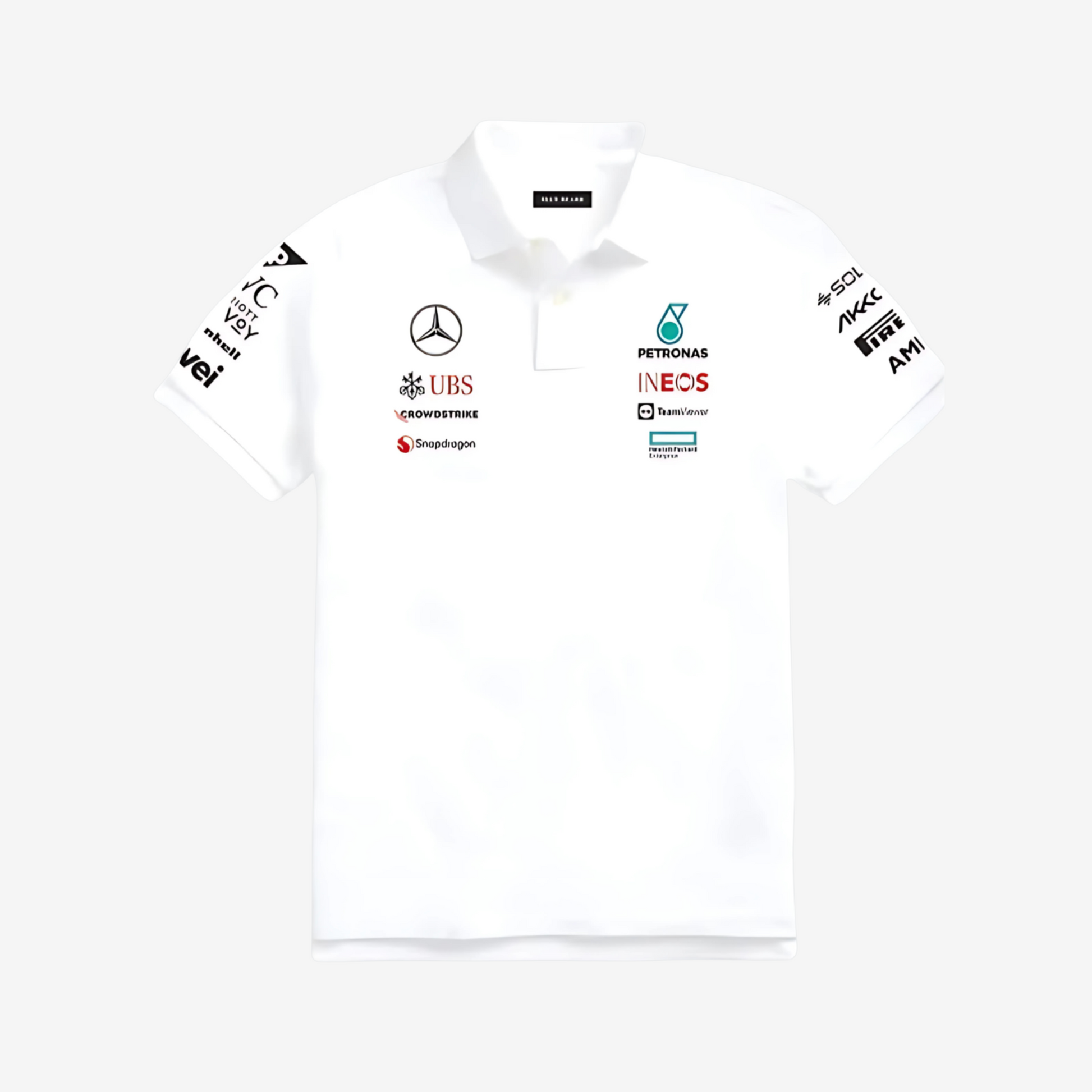 "Petronas AMG vintage polo tee featuring old-school racing design for true F1 enthusiasts"