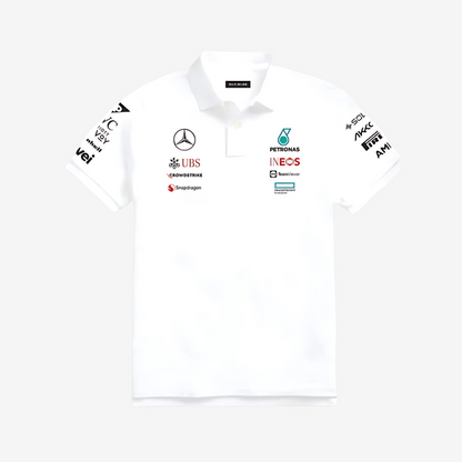 "Petronas AMG vintage polo tee featuring old-school racing design for true F1 enthusiasts"