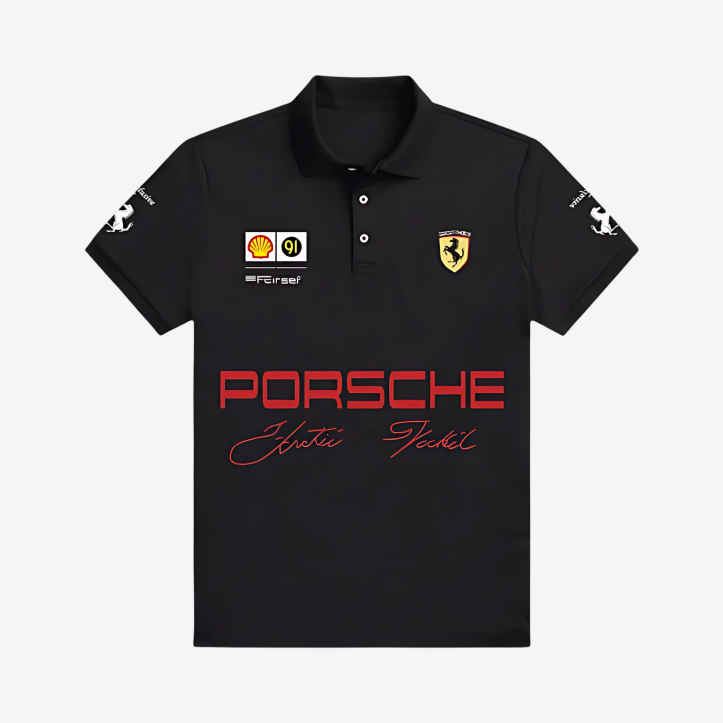 "Black Porsche polo t-shirt with embroidered logo and premium racing-inspired design for car enthusiasts"