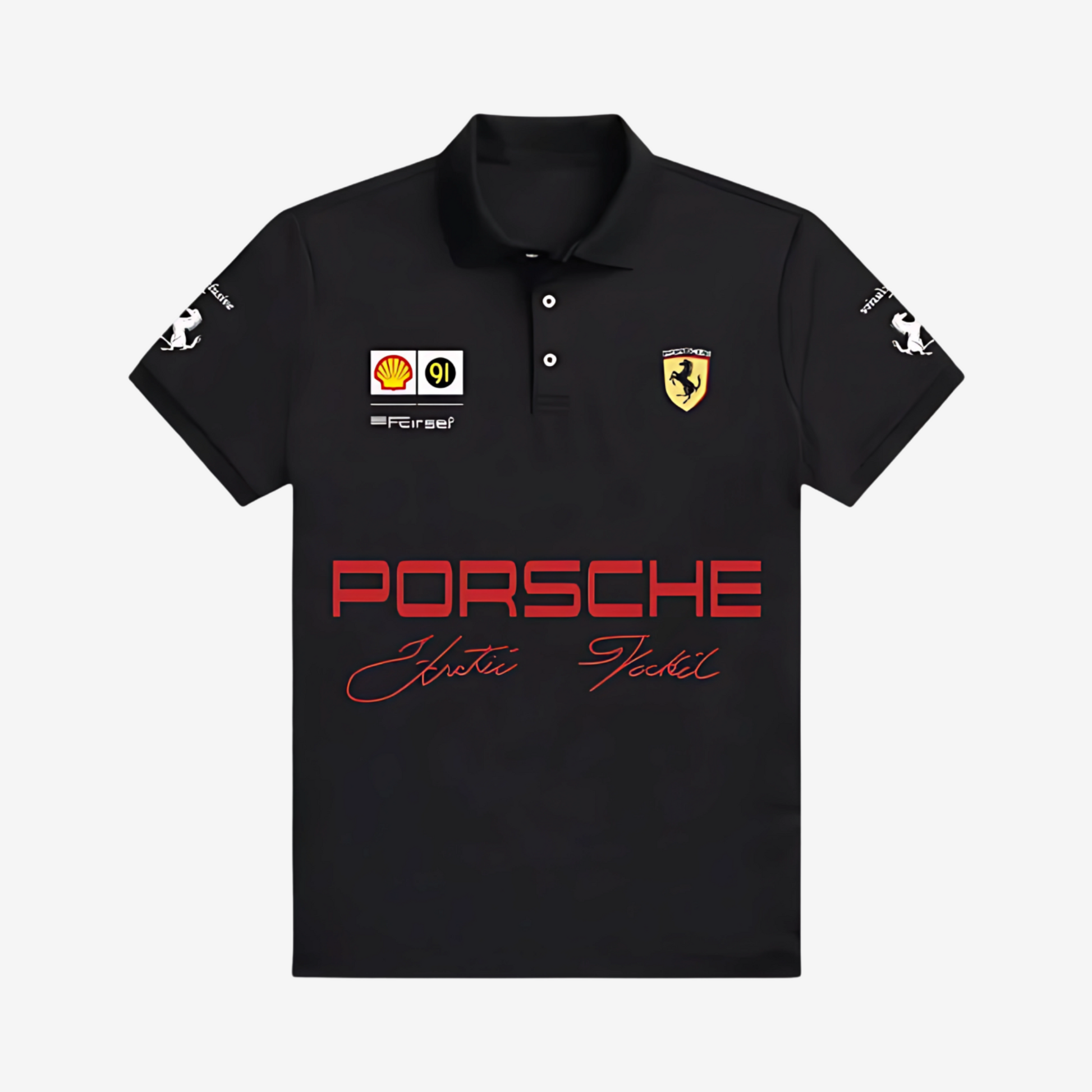 "Black Porsche polo t-shirt with embroidered logo and premium racing-inspired design for car enthusiasts"