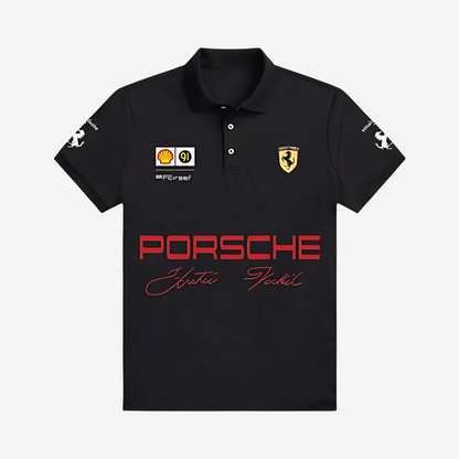 "Black Porsche polo t-shirt with embroidered logo and premium racing-inspired design for car enthusiasts"