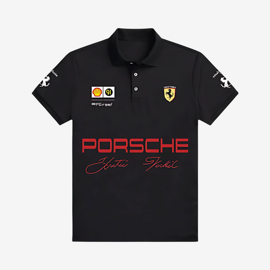 "Black Porsche polo t-shirt with embroidered logo and premium racing-inspired design for car enthusiasts"