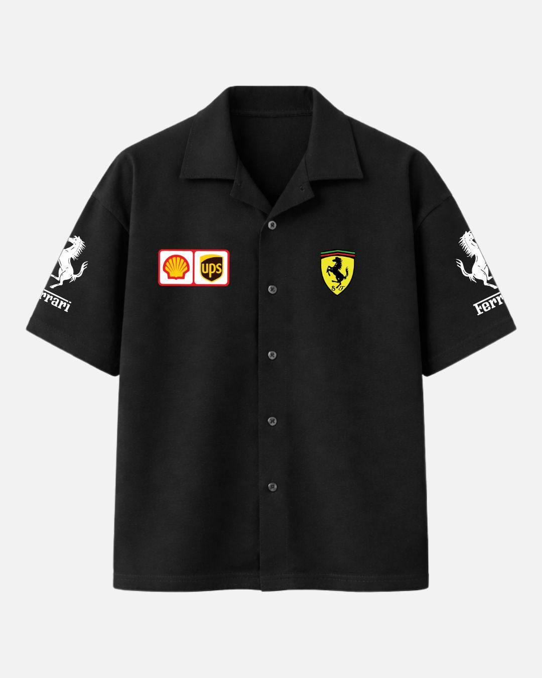 Black Porsche Motorsport oversized unisex Cuban collar shirt with premium racing inspired graphics made from 250 GSM imported cotton fabric by BombyyClothing