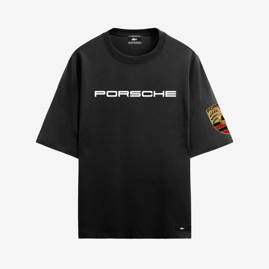 Porsche black oversized tee featuring premium print, comfortable cotton fabric, and casual racing style.