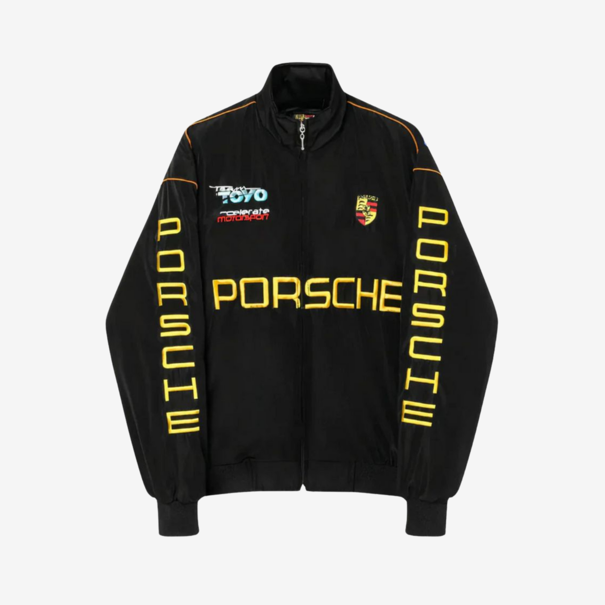 Black Porsche Motorsport jacket for men with front zip closure, premium fabric, and Porsche branding on the chest and sleeves — perfect for motorsport fans and casual wear.