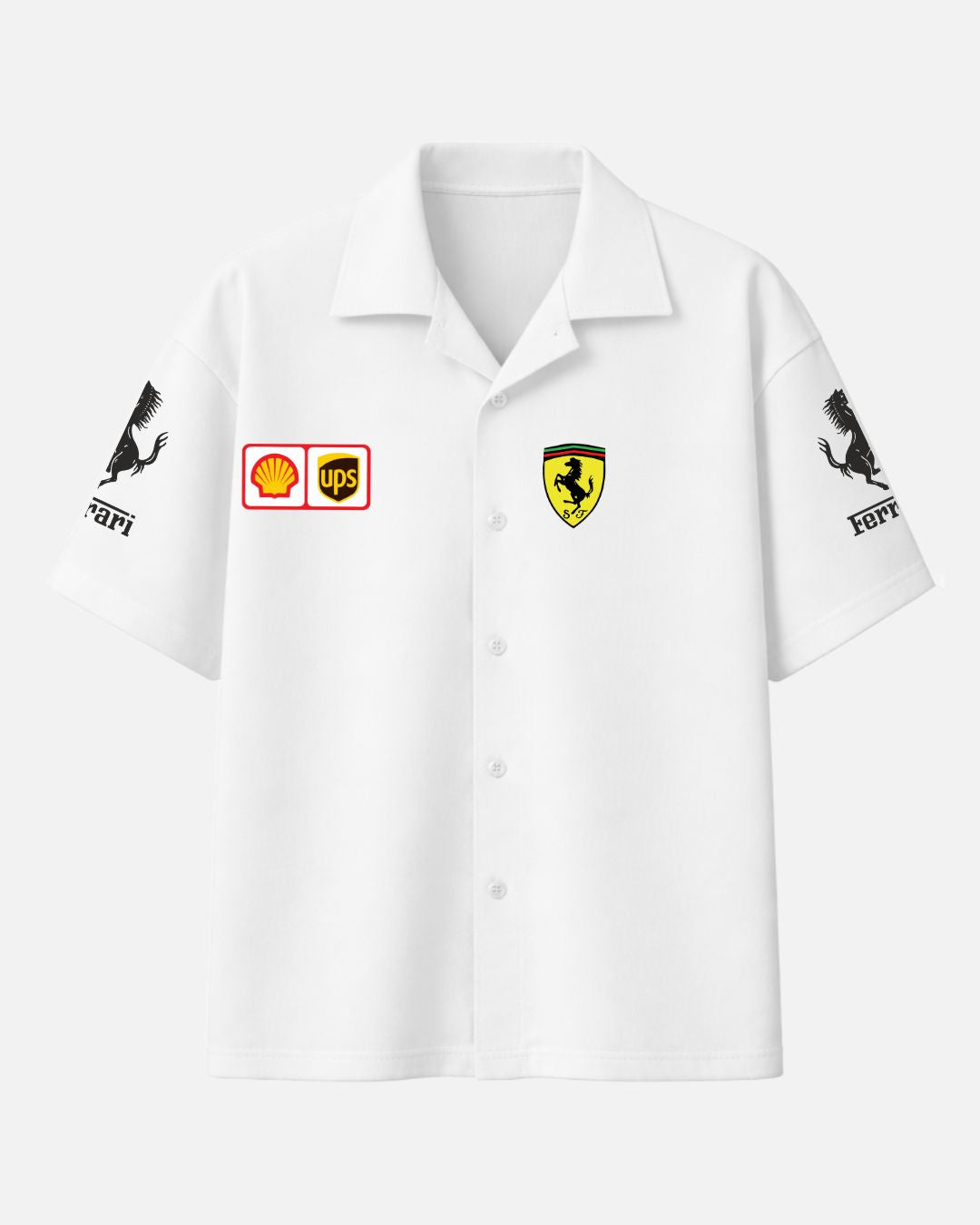 White Porsche Racing oversized unisex Cuban collar shirt made from premium 250 GSM imported cotton fabric featuring luxury motorsport inspired streetwear graphics by BombyyClothing