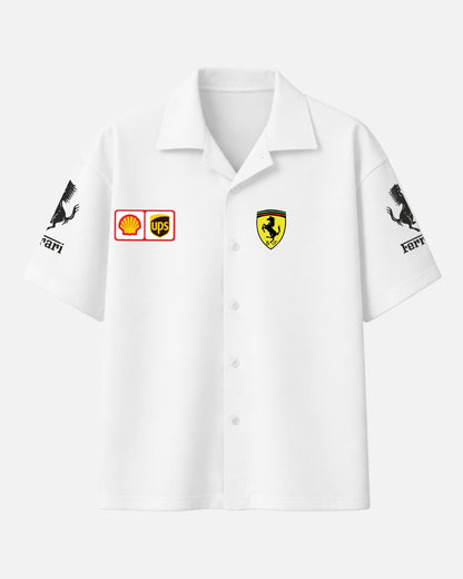 White Porsche Racing oversized unisex Cuban collar shirt made from premium 250 GSM imported cotton fabric featuring luxury motorsport inspired streetwear graphics by BombyyClothing