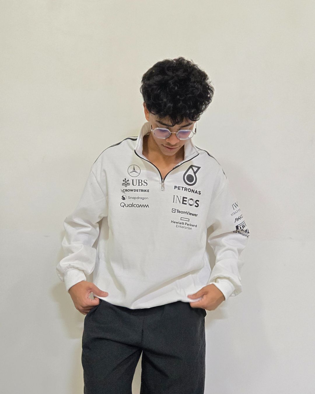 Motorsport inspired white half zip sweatshirt sporty design