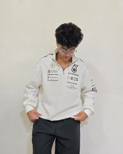 Motorsport inspired white half zip sweatshirt sporty design