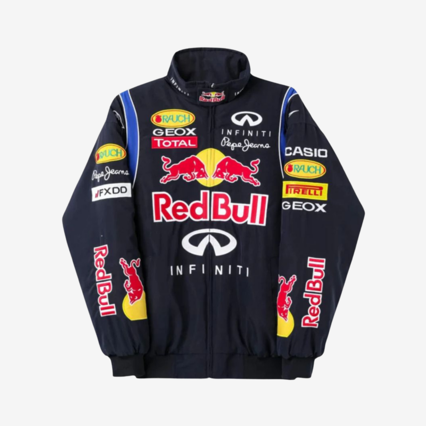 Red Bull vintage racing jacket by Bombyy, premium blue motorsport outerwear with bold logo and retro street style