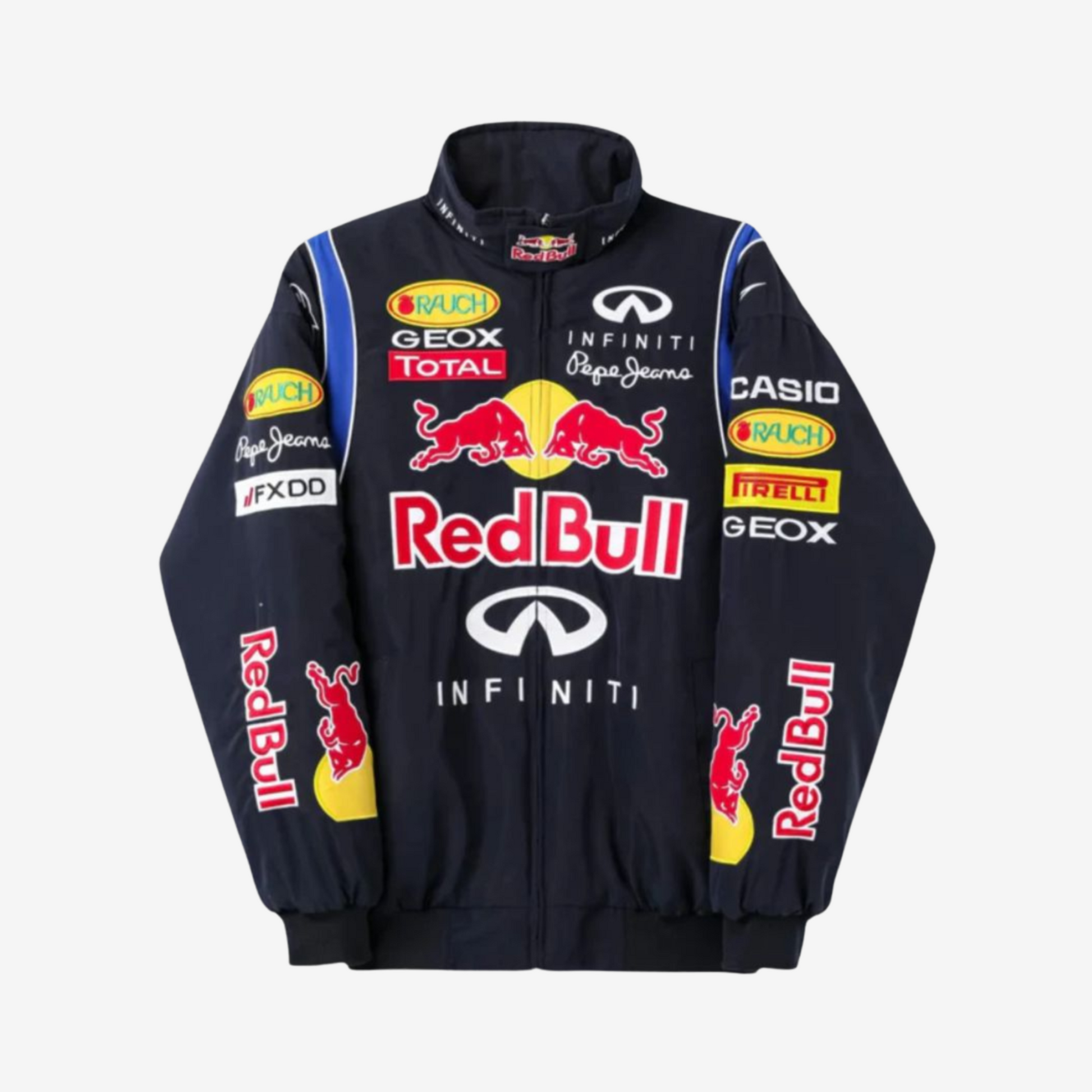 Red Bull vintage racing jacket by Bombyy, premium blue motorsport outerwear with bold logo and retro street style