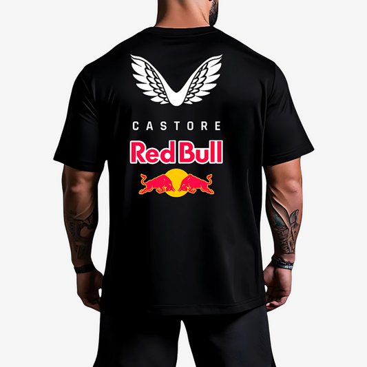 Red Bull Castrol racing tee featuring soft cotton fabric, embroidered or printed branding, and comfortable oversized fit.