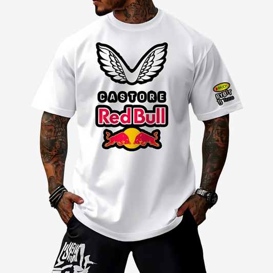 Stylish Red Bull Castrol black t-shirt with motorsport graphics, perfect for F1 fans and casual streetwear.

Vintage Red Bull Castrol oversized cotton tee with racing-inspired design and relaxed round neck fit