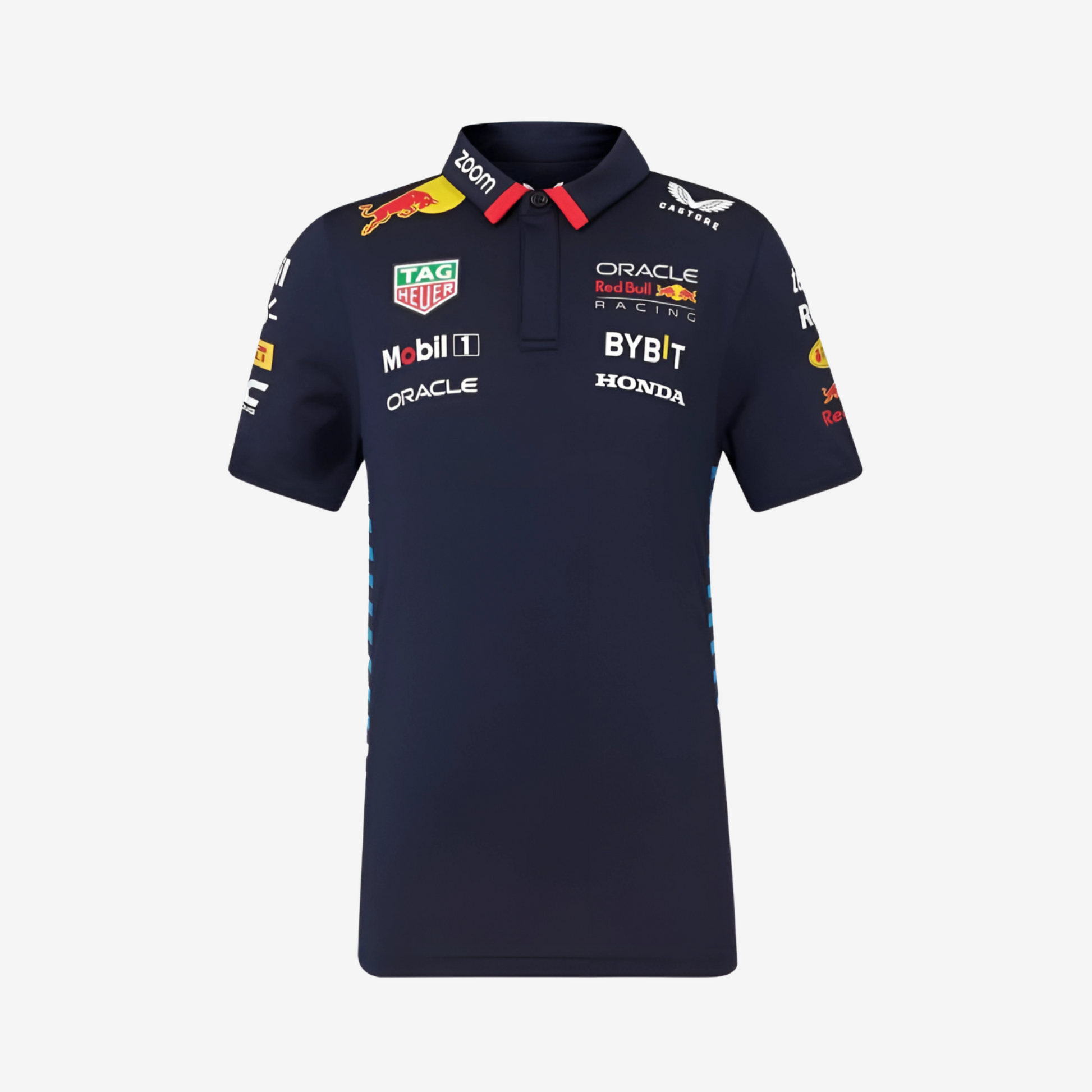 "Navy blue Red Bull vintage racing polo t-shirt with classic logo and retro motorsport styling"