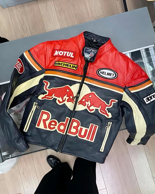 Luxury Red Bull racing leather jacket with bold stitched logo, insulated lining, and streetwear style.