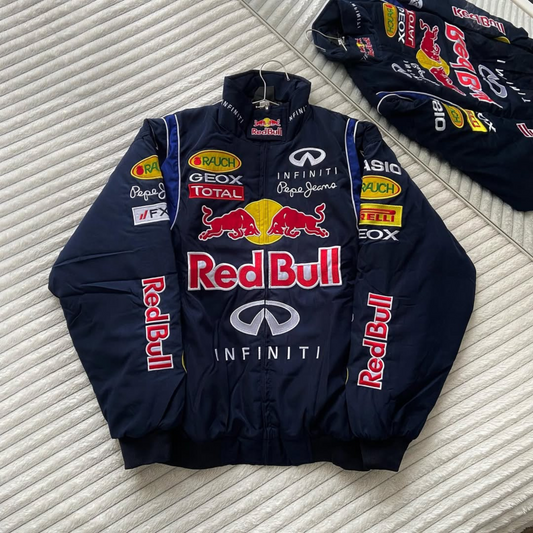 Black Red Bull Formula 1 puffer jacket with stylish logo embroidery, perfect for bikers and racing fans.
