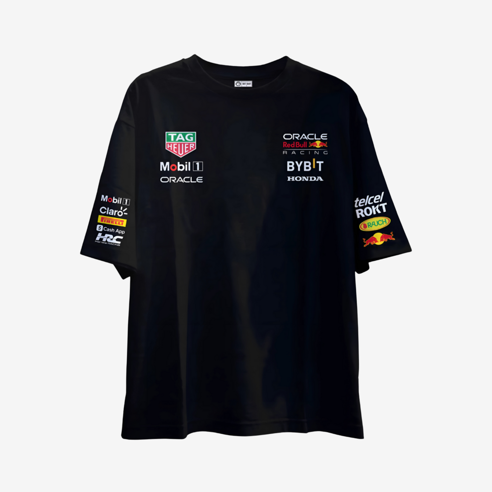Black Red Bull oversized round neck t-shirt with bold printed logo and vintage motorsport-inspired streetwear style.