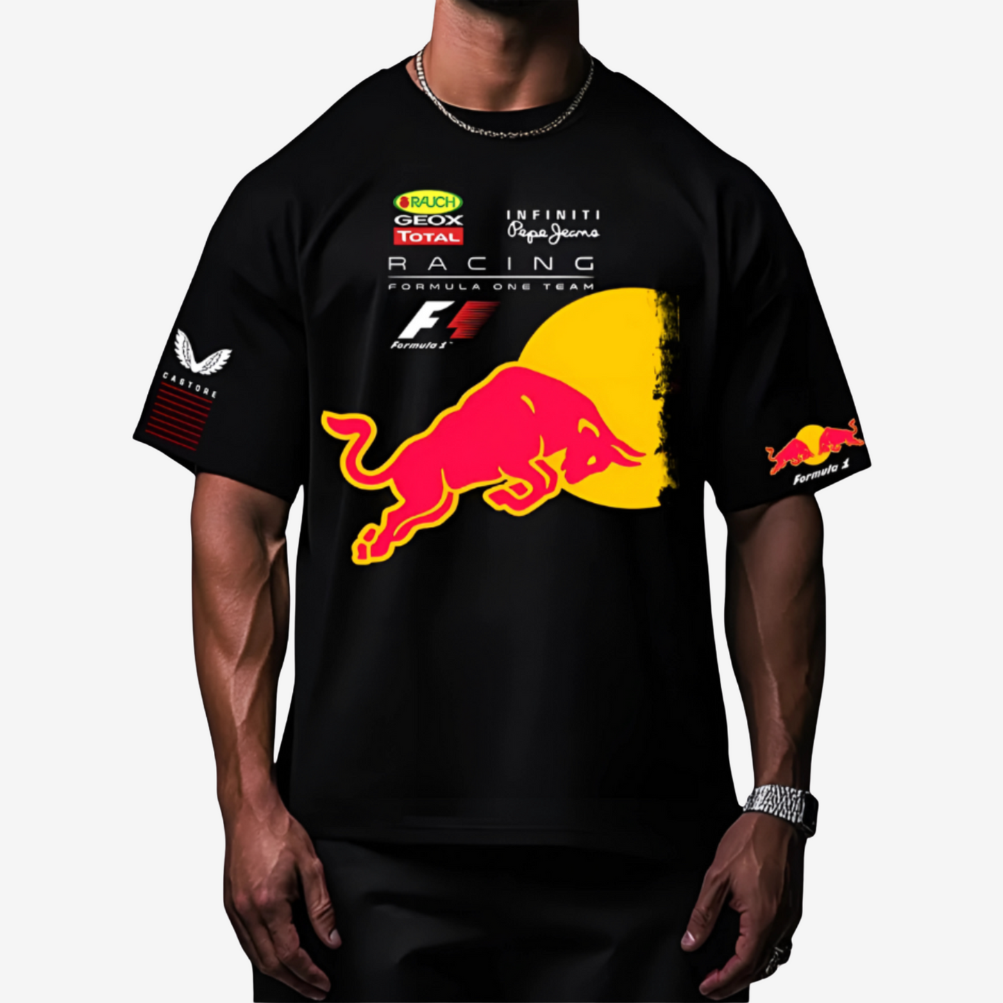 Red Bull Racing Infinity tee featuring soft cotton fabric, oversized fit, and premium racing-inspired graphics.