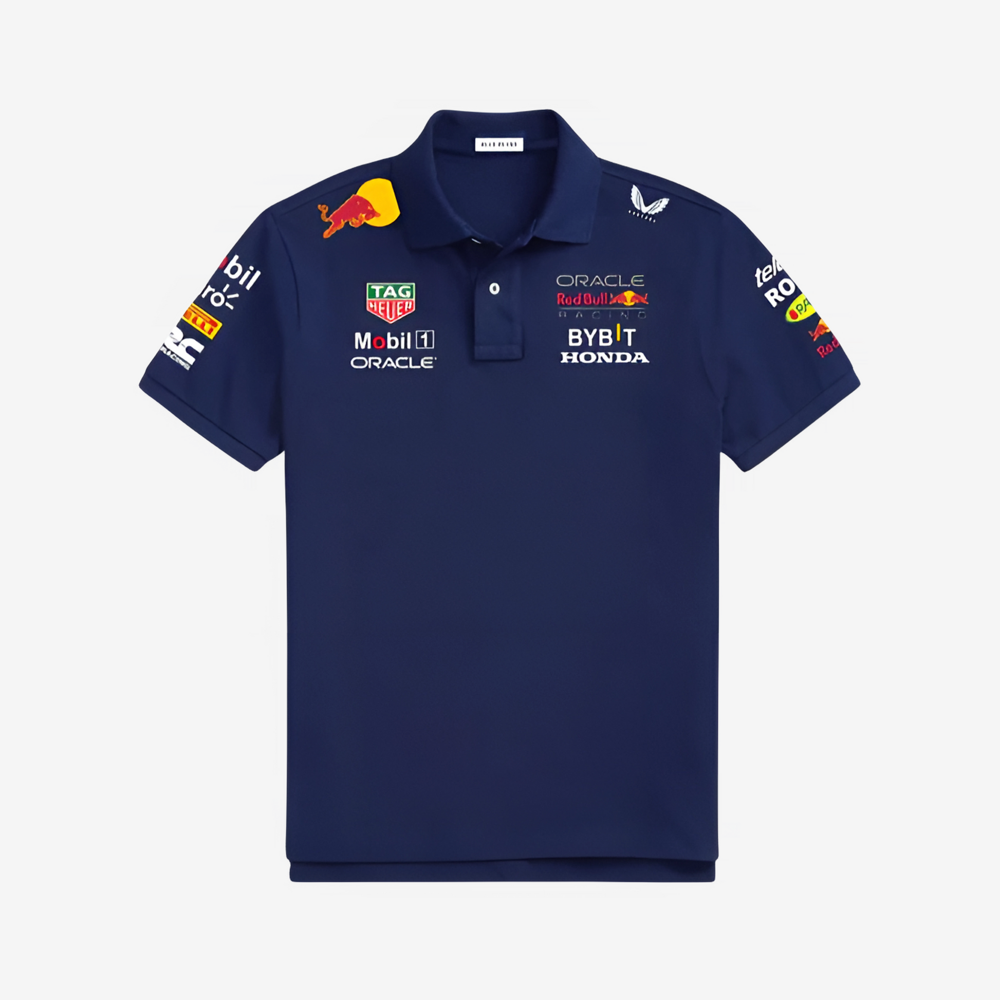 "Red Bull retro polo shirt in navy blue featuring embroidered branding for F1 racing fans"