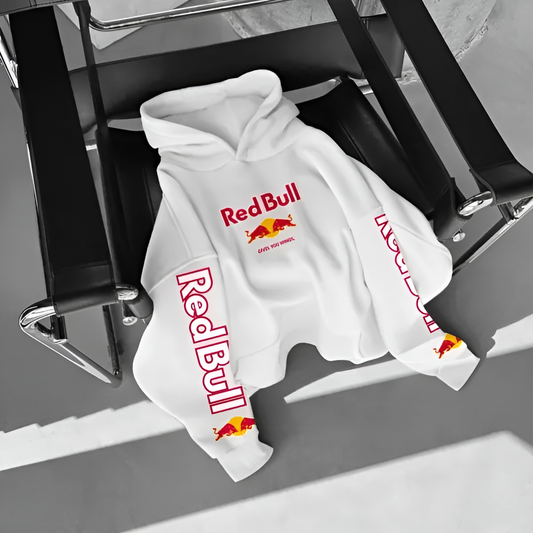 Red Bull vintage edition white hoodie in premium fabric, Formula 1 inspired streetwear hoodie for men and women