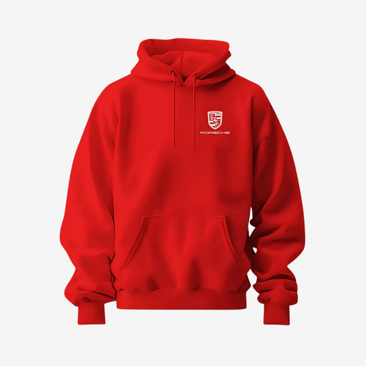 Red Porsche inspired racing hoodie with sporty design, premium fabric, and comfortable all-season fit for streetwear and motorsport fans.