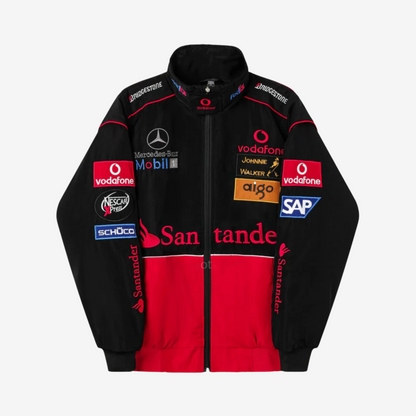 Black and red Santander puffer jacket with bold embroidered logo and lightweight parachute fabric for racing fans.
