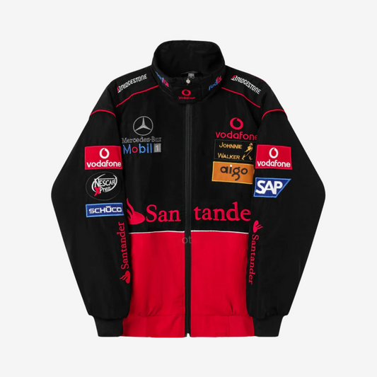 Black and red Santander puffer jacket with bold embroidered logo and lightweight parachute fabric for racing fans.