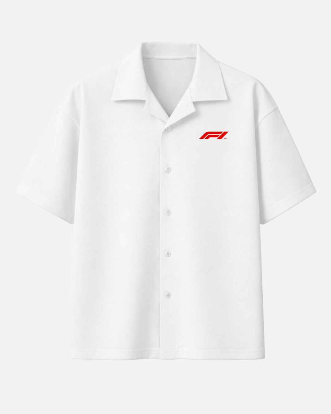 White Scuderia Ferrari Formula 1 oversized unisex shirt with Cuban collar featuring premium Ferrari F1 back graphic print and 250 GSM imported cotton fabric by BombyyClothing