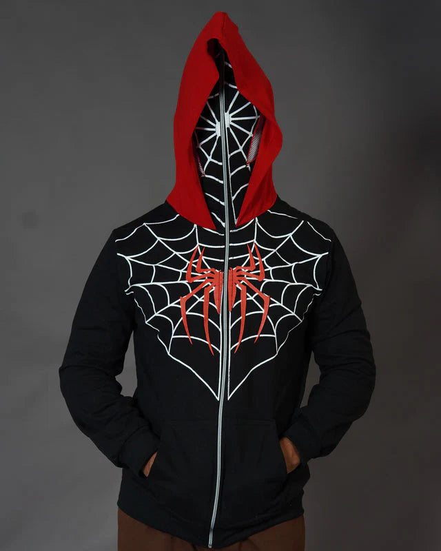 Spider web zip-up hoodie with mask black red cotton fleece